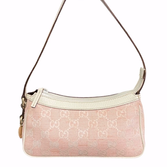 Authentic Gucci Pink Canvas Baguette Shoulder/Handbag Off-White Leather Trim Y2K - Picture 13 of 13